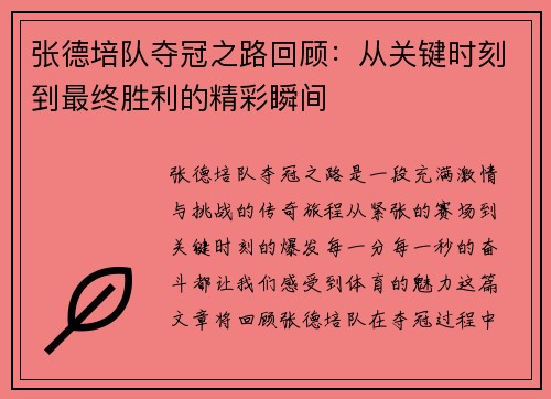 张德培队夺冠之路回顾：从关键时刻到最终胜利的精彩瞬间