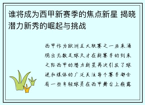 谁将成为西甲新赛季的焦点新星 揭晓潜力新秀的崛起与挑战
