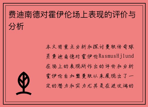 费迪南德对霍伊伦场上表现的评价与分析