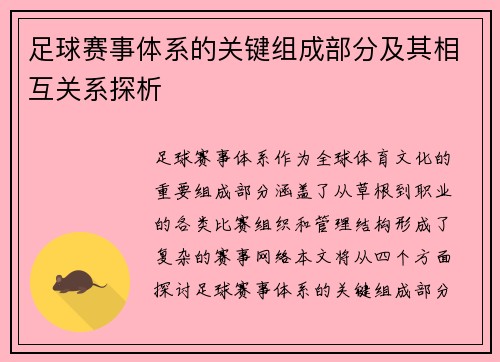 足球赛事体系的关键组成部分及其相互关系探析