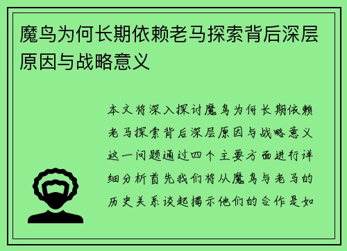 魔鸟为何长期依赖老马探索背后深层原因与战略意义
